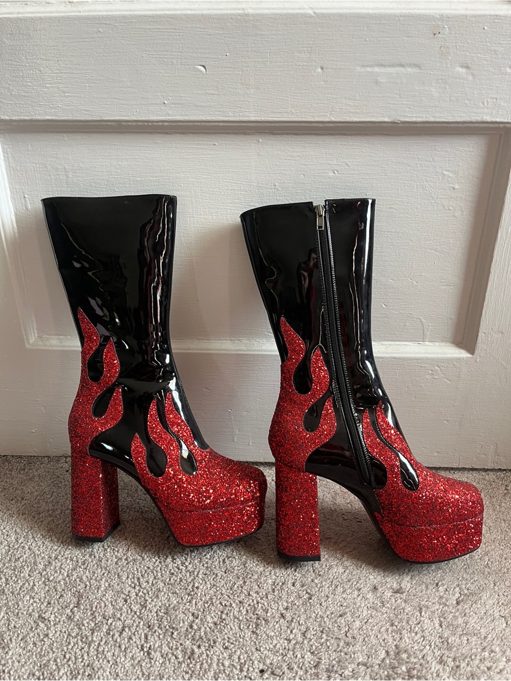 Dolls Kill / Lamoda Black Patent & Red Glitter Flame Platform Boots - Women